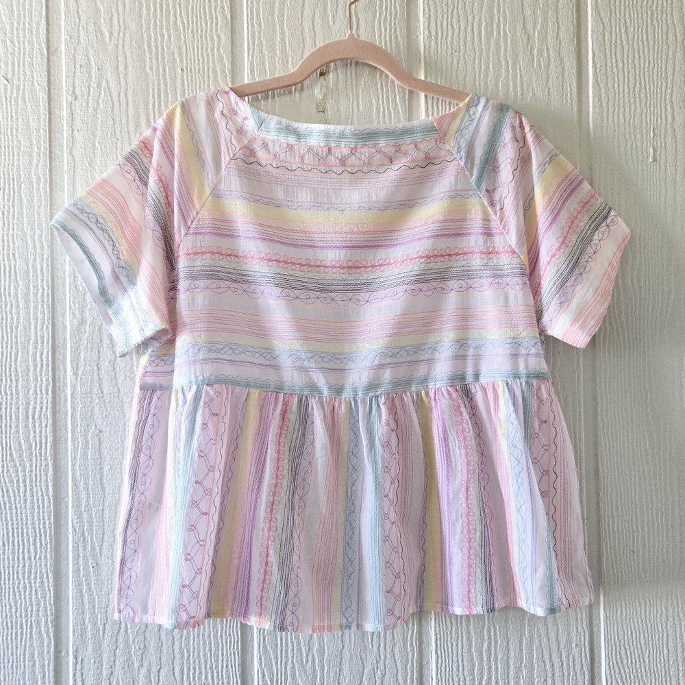 Anthropologie Lettie Embroidered Short Sleeve Peplum Crop Top Coastal White XS - Picture 2 of 8
